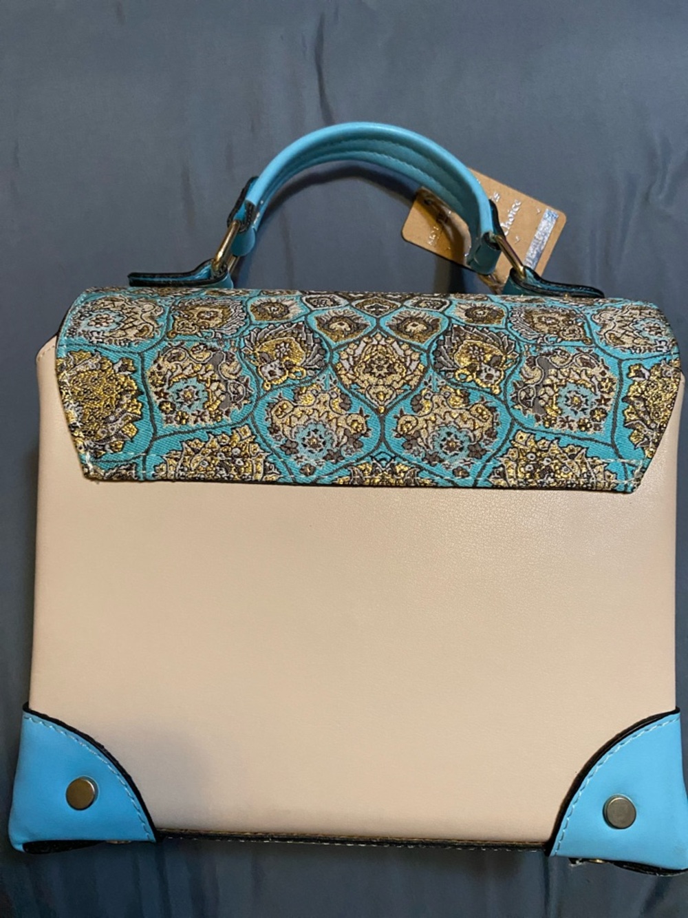 Cream and Turquoise Top-Handle Satchel with Patterned Flap - Picture 2 of 13